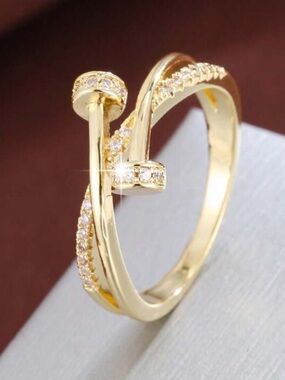 Gold Crystal Nail-Accent Ring - Women's Fashion Jewelry R 412
